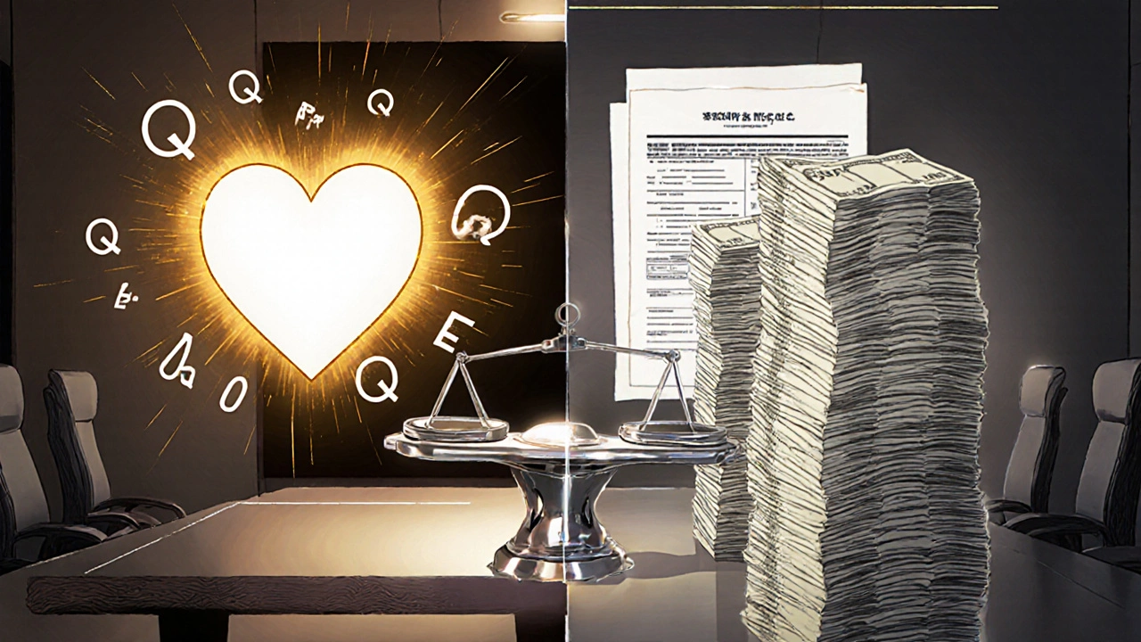 A scale balances a radiant heart against stacks of cash, illustrating cost‑benefit analysis.