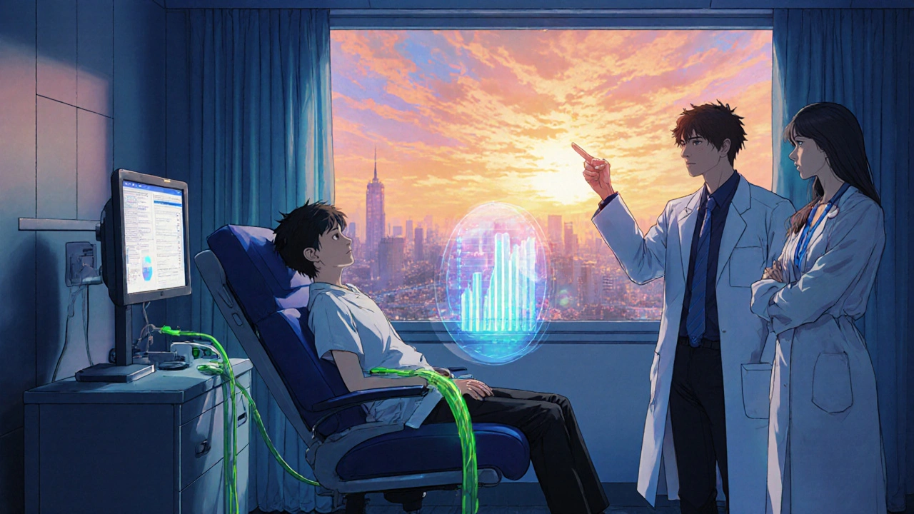 Child receives CAR‑T therapy infusion, doctors watch, sunrise background conveys hope.