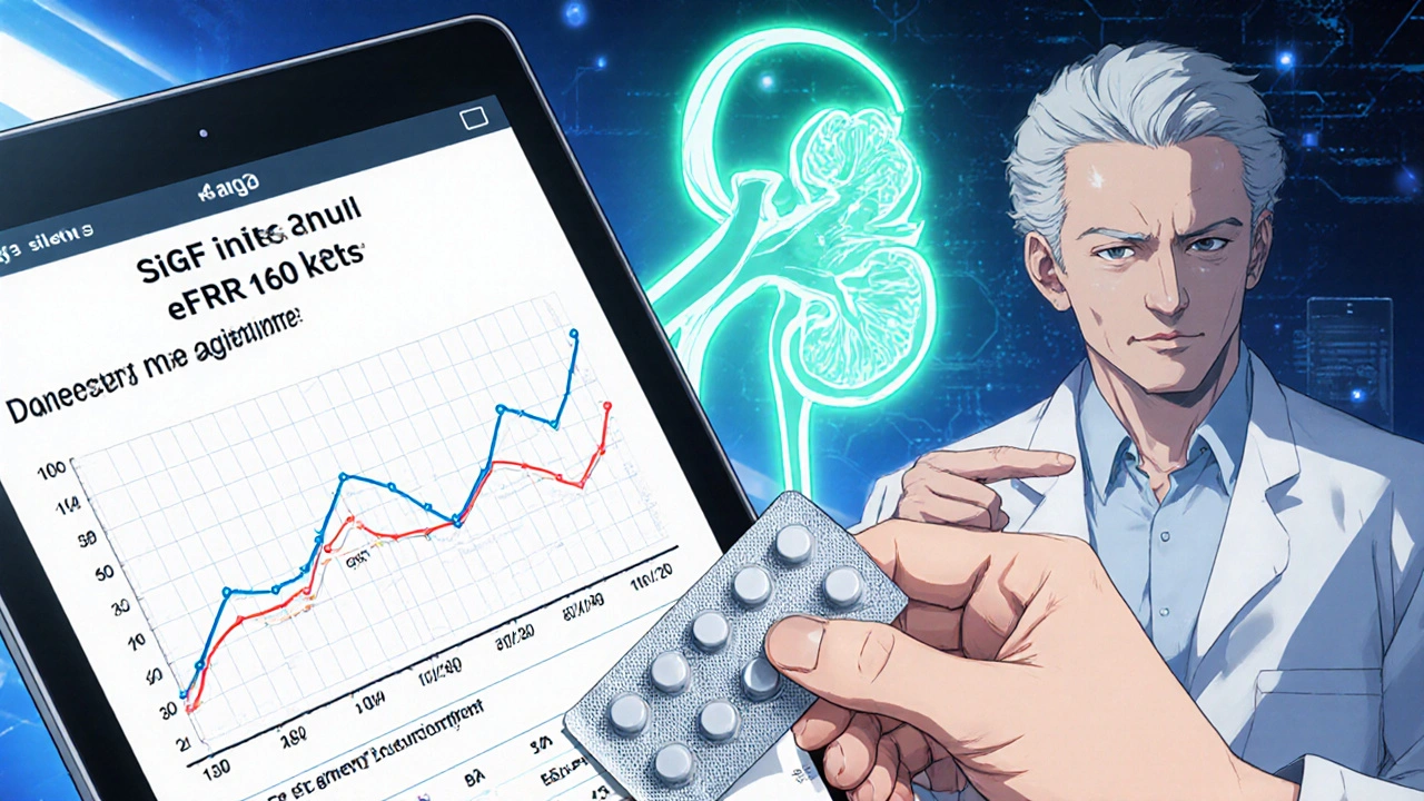 Close‑up of eGFR chart and sitagliptin blister pack showing dosage adjustment for kidney function.