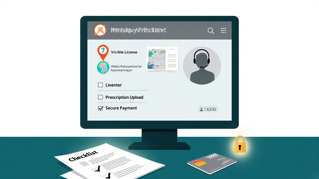 Computer screen showing pharmacy license, address, pharmacist, and HTTPS icons.