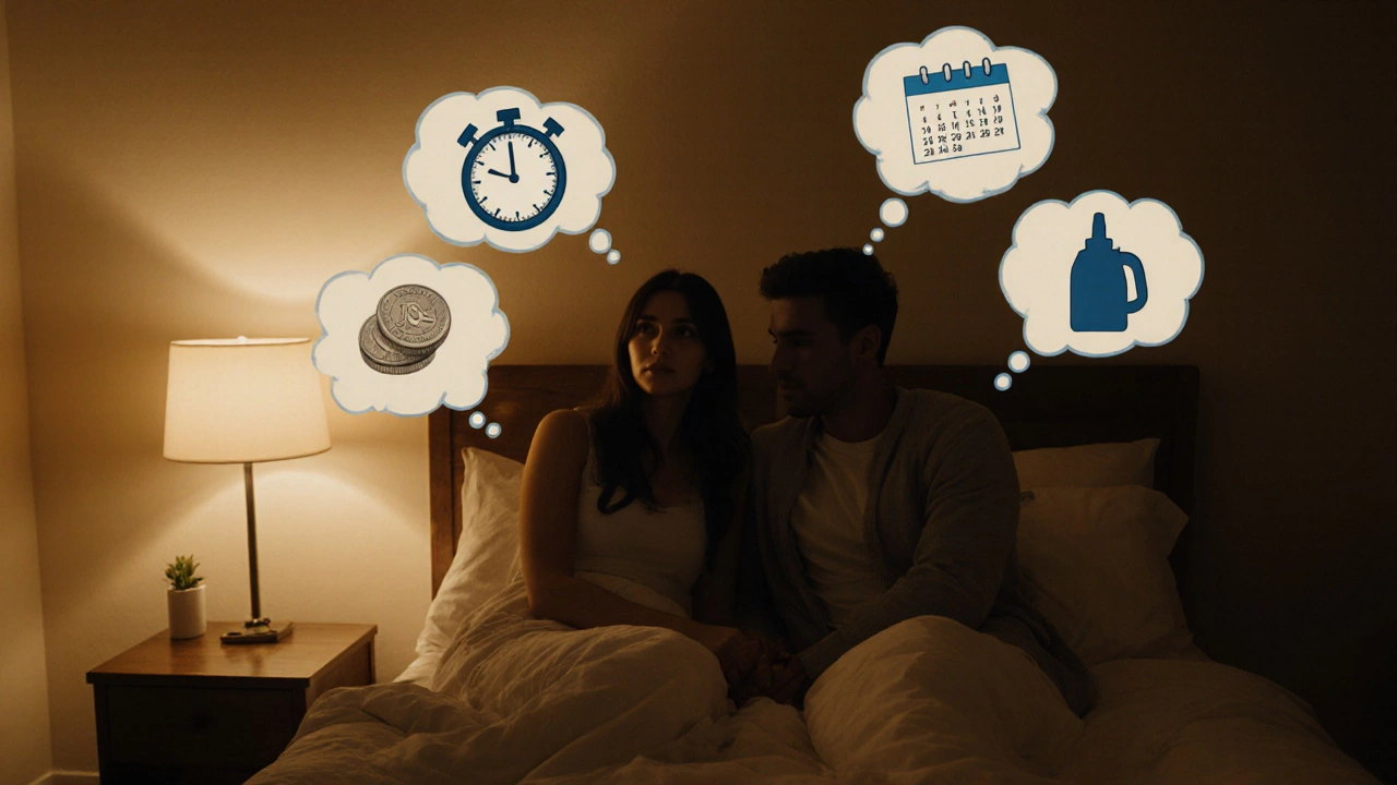 Couple on bedroom bed with thought bubbles showing speed, weekend use, budget, and device options.