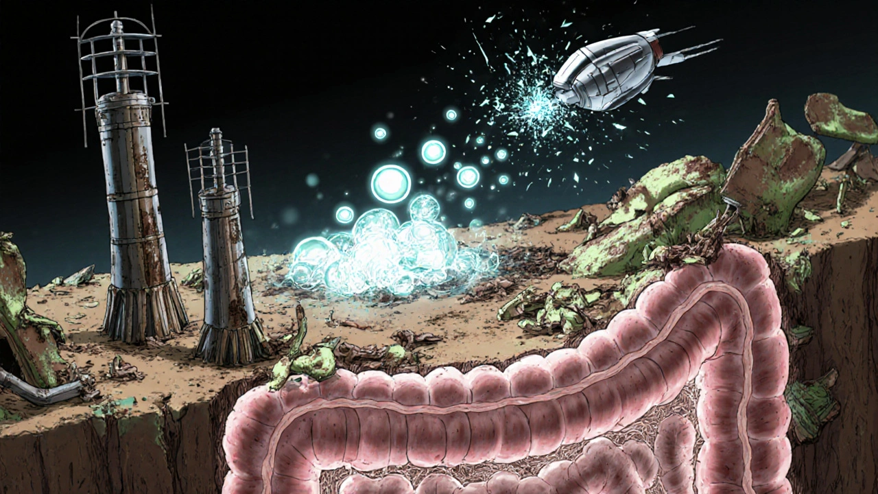 Cross-section of damaged small intestine with rifaximin particles eliminating harmful bacteria, glowing gas bubbles rising from fermented food.
