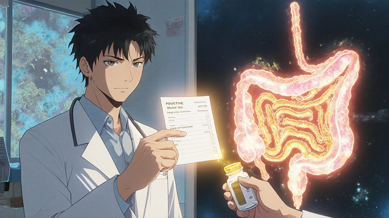 Doctor and patient in clinic with holographic breath test; split view shows healing gut as golden light flows from a pill bottle.