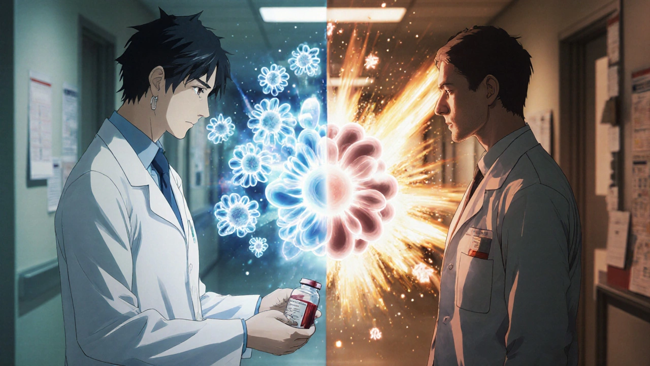 Doctor and pharmacist exchanging a blood sample, with molecular overlays showing drug metabolism.