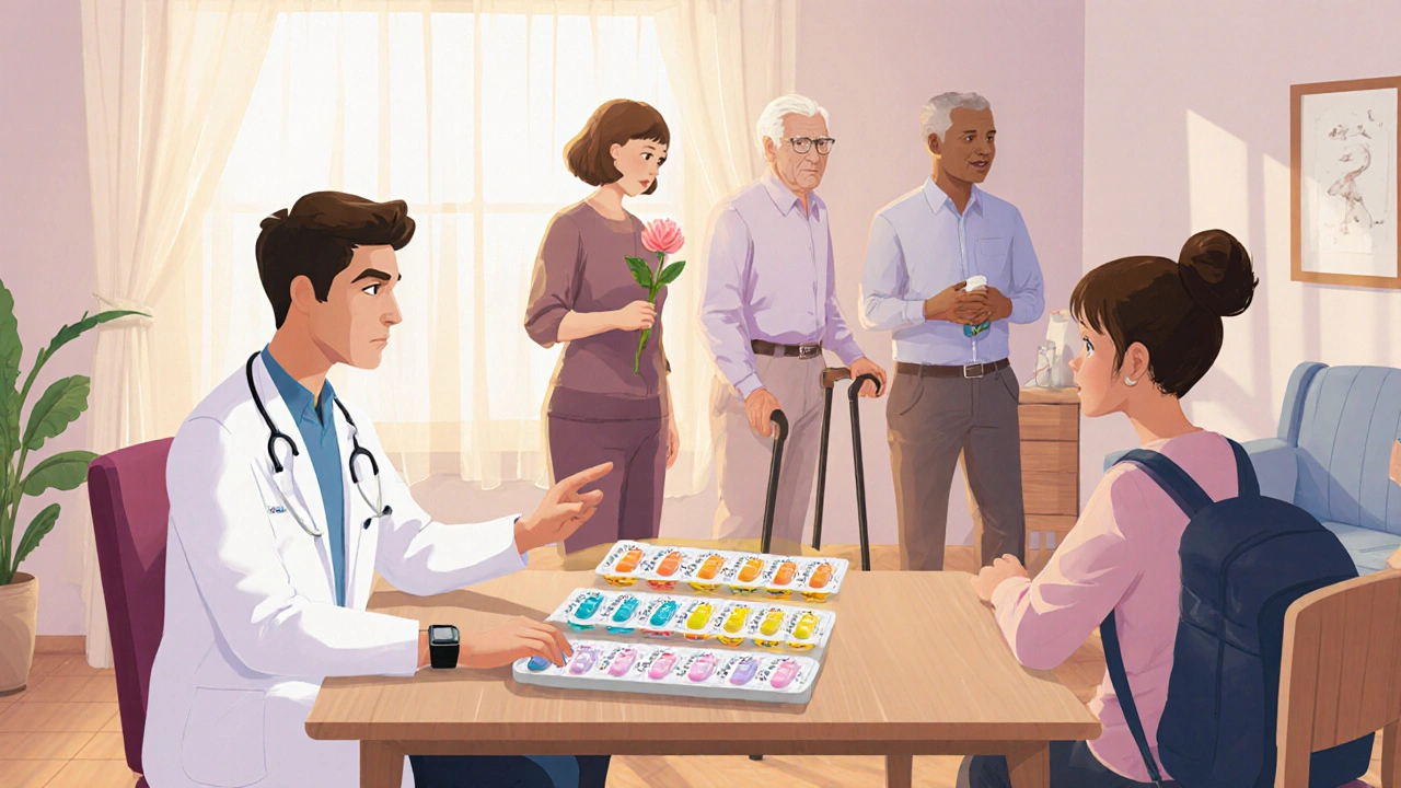 Doctor consulting diverse patients about medication choices in a bright clinic room.