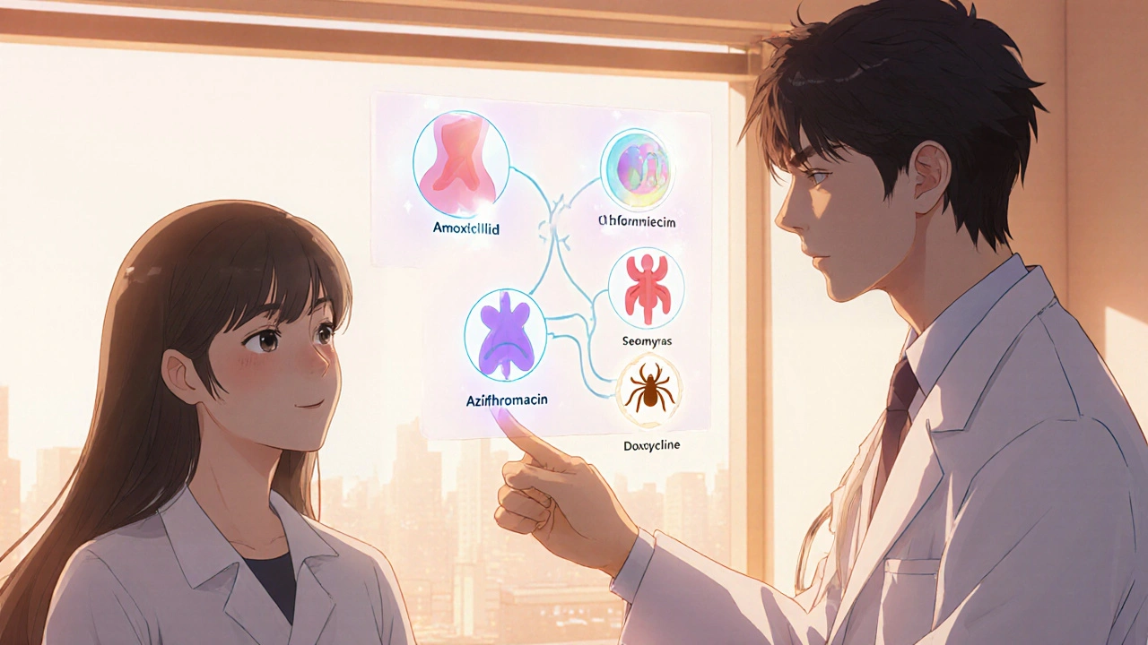 Doctor showing a holographic decision tree of antibiotic options to a patient.