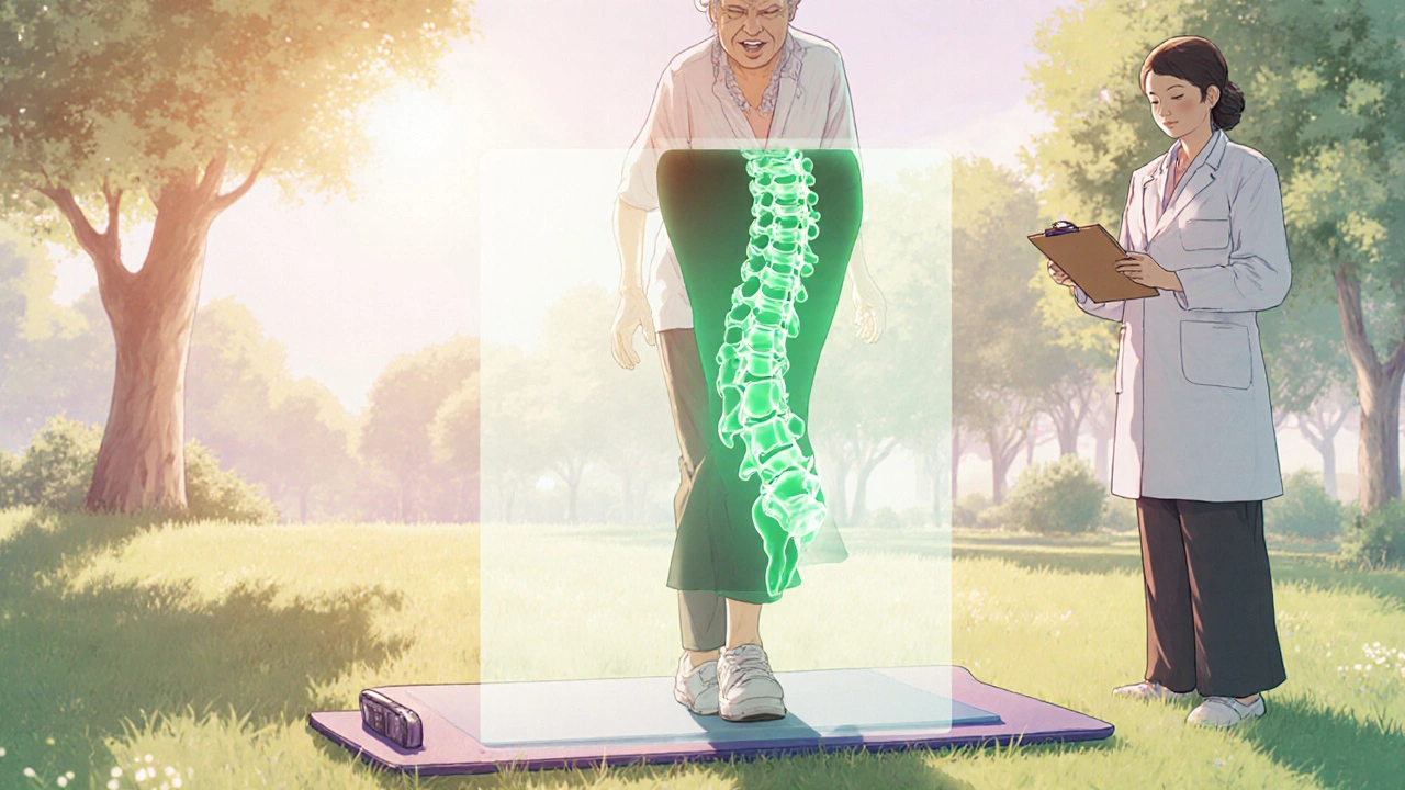 Elderly woman exercising in park with subtle DXA scan overlay and doctor nearby.