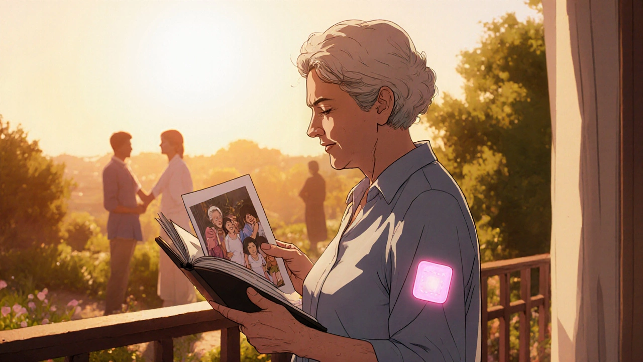 Elderly woman smiling on a balcony, holding a photo album with a patch on her arm.