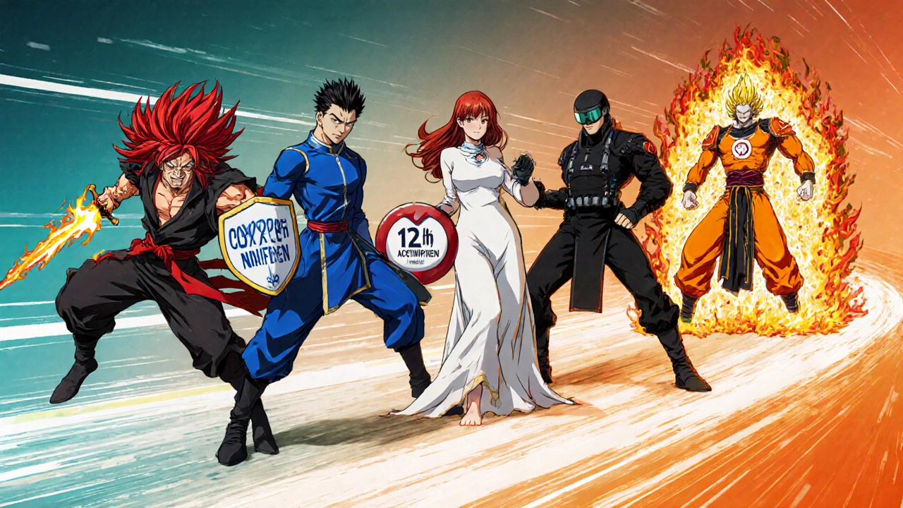 Five anime characters personify ibuprofen, naproxen, acetaminophen, clopidogrel, and diclofenac.