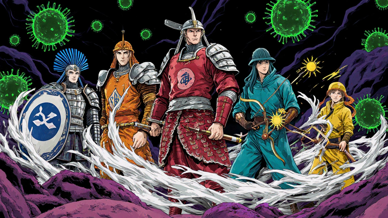 Five anthropomorphic antibiotic characters battling on a microscopic battlefield.