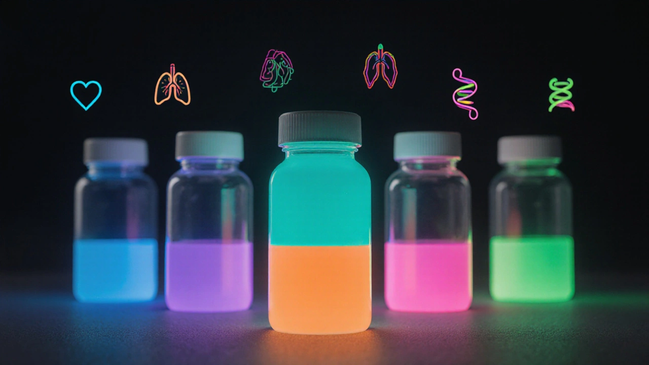 Five beta‑blocker pill bottles arranged with colored glows and subtle icons showing their effects.