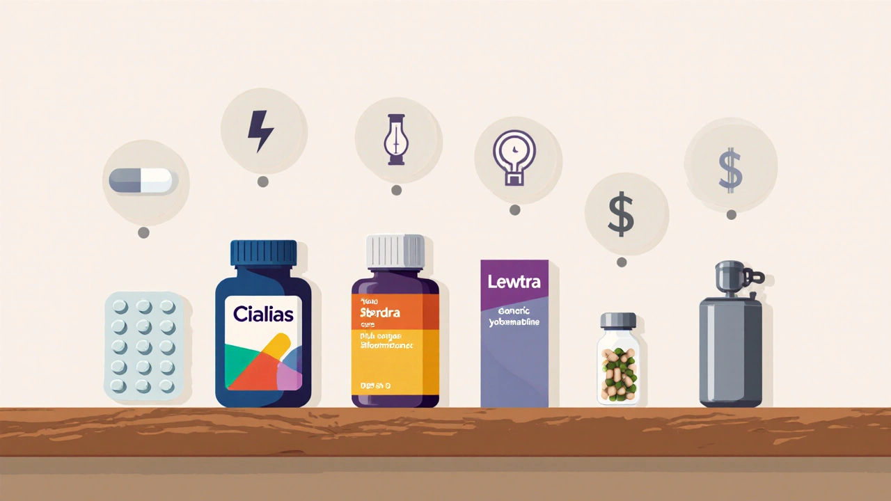 Flat illustration of various ED treatments arranged on a countertop with icons for onset, duration, and cost.