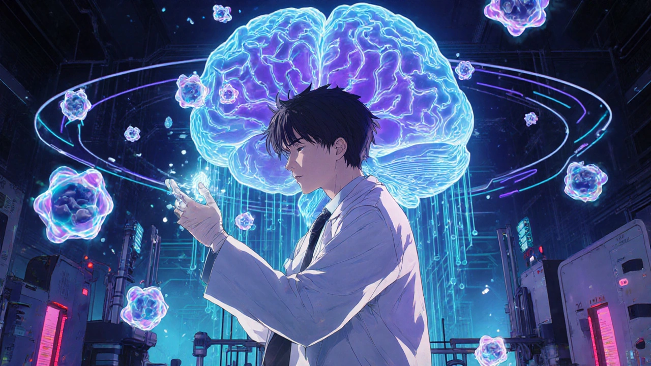 Futuristic AI lab with holographic drug interaction analysis