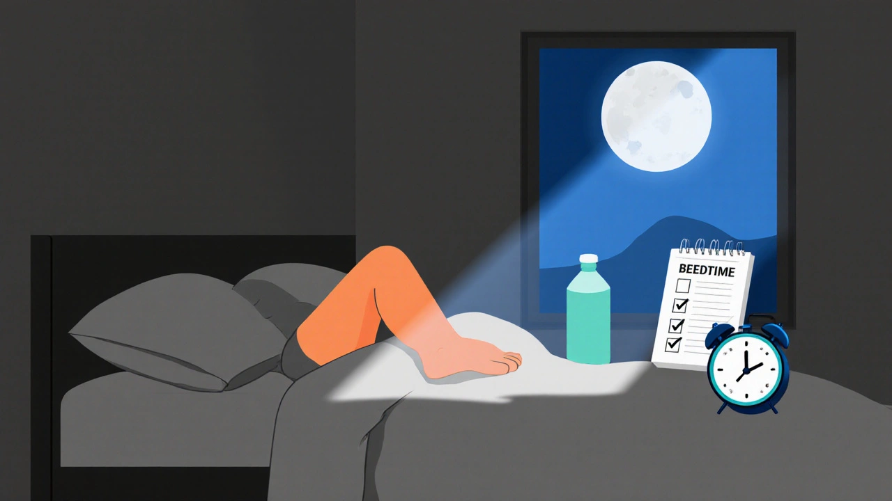Gray bedroom showing a person sleeping with an elevated foot, teal water bottle, and checkmarked bedtime checklist.