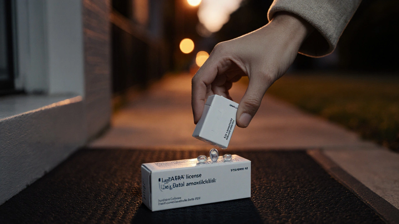 Hand opening a medication box with SAHPRA licence number, inspecting capsules at dusk.
