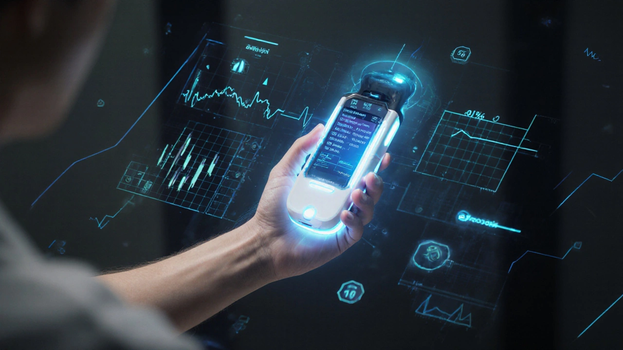 Handheld device scanning a patient’s arm, projecting a hologram of drug levels and AI risk analysis.