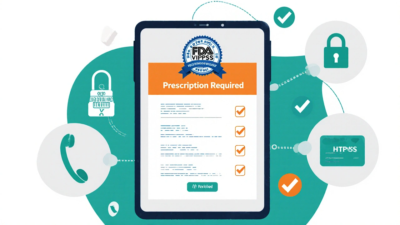Illustrated checklist showing VIPPS seal, prescription note, secure checkout and contact icons.