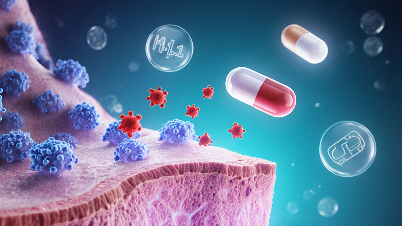 Illustration showing histamine molecules blocked by antihistamine icons at nasal receptors.