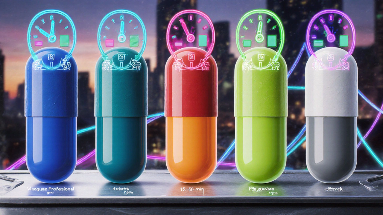 Lineup of five colored ED pills with clock icons showing onset and duration times.