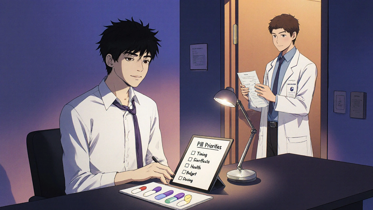 Man reviewing a checklist of pill priorities with a doctor offering a prescription.