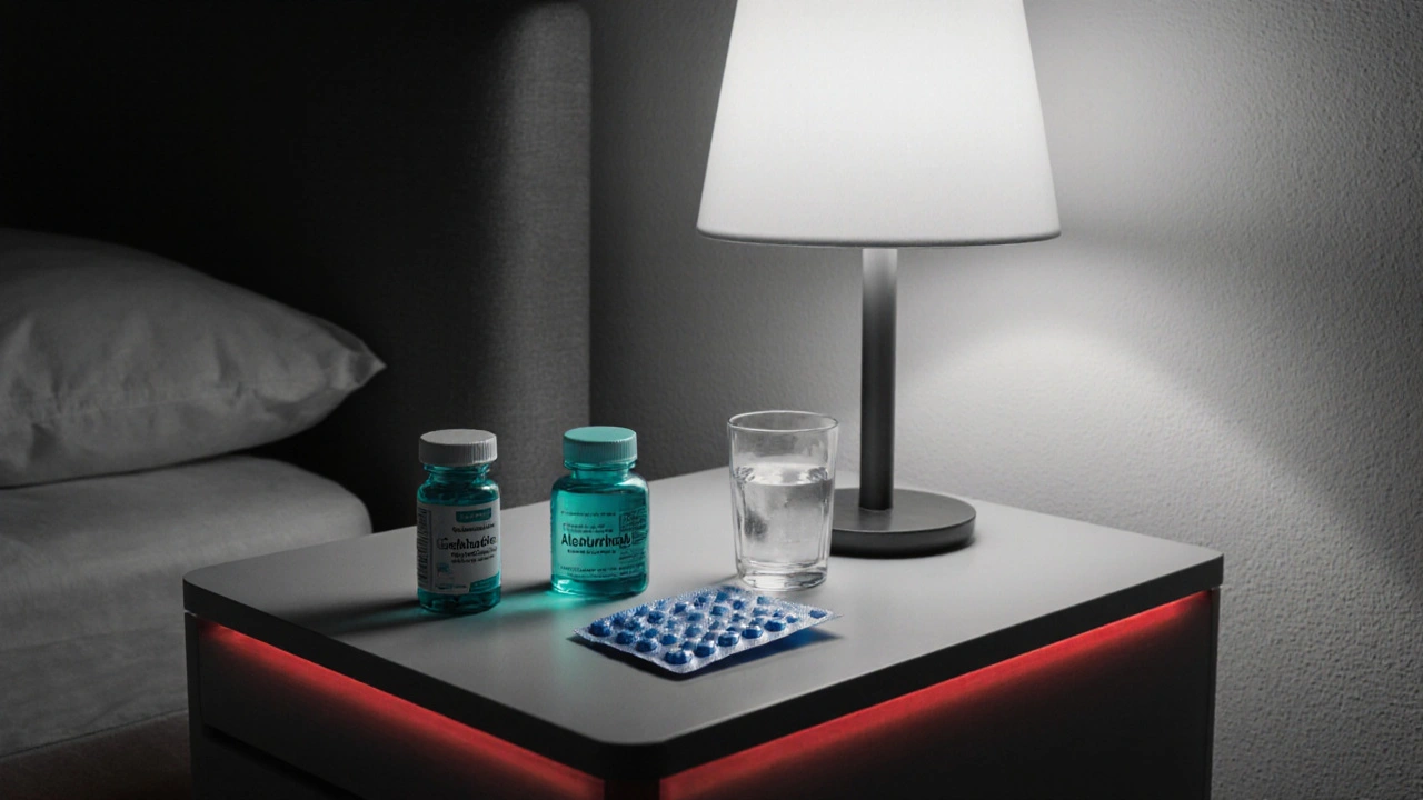 Monochrome nightstand with teal water, blue medication bottles, and a light‑blue ice pack.