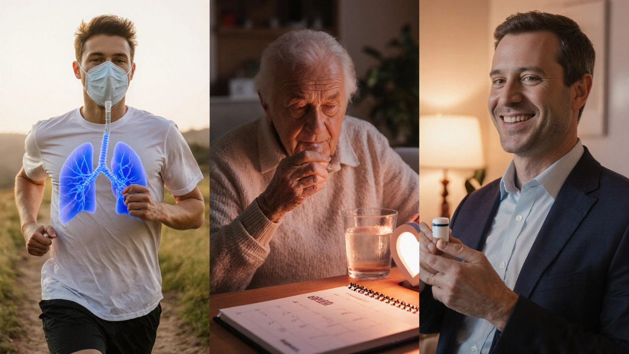 Montage of three patients: asthma patient jogging, heart‑failure patient at home, professional taking nebivolol.