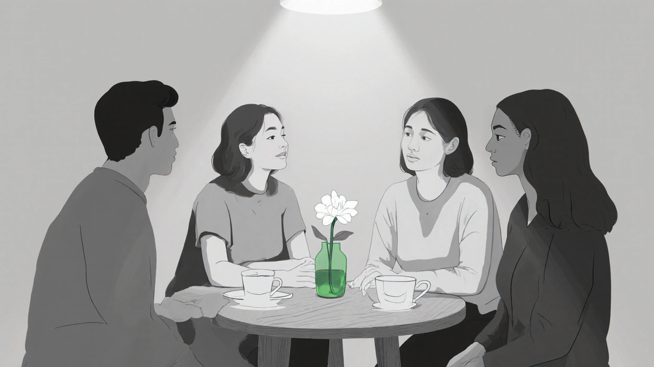 Mother receiving support from partner and counselor, with tea cup highlighted in green.