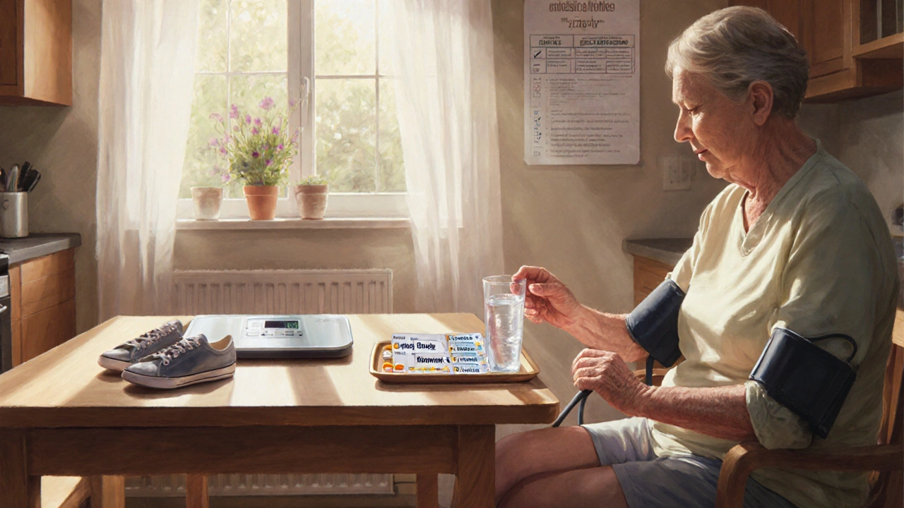 Patient at home with scale, blood pressure cuff, medicine packs, compression stockings, and walking shoes.