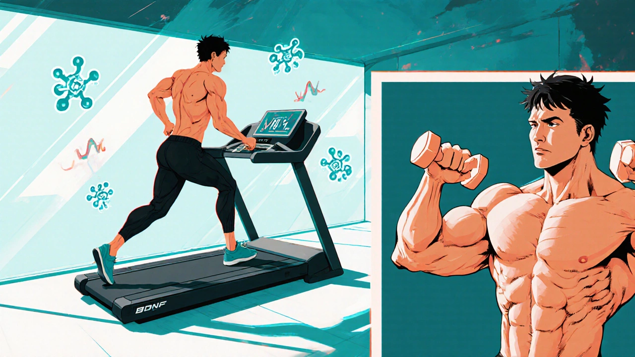 Patient walking on treadmill and lifting weights, with heart‑rate monitor and BDNF icons.