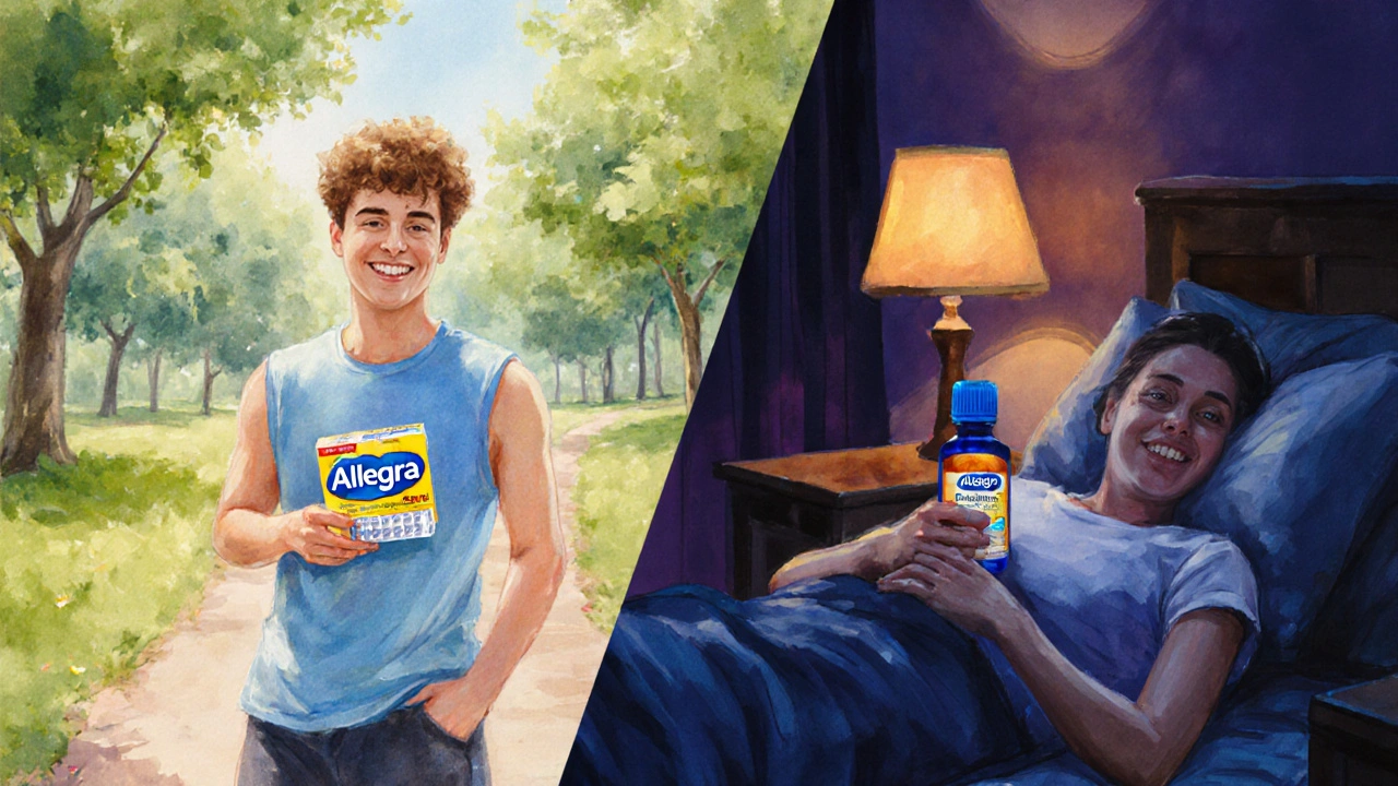 Person choosing a non‑sedating allergy pill while outdoors, contrasted with nighttime scene of Benadryl.