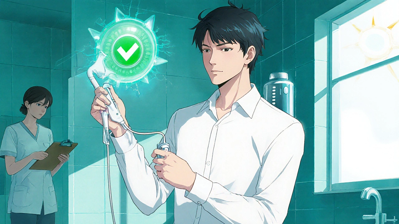 Person using catheter with futuristic sensor, guided by therapist.