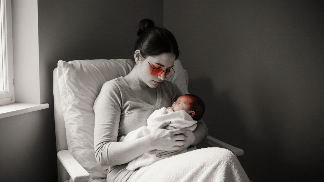 Postpartum mother holding baby, looking weary with subtle red accent on her eyes.
