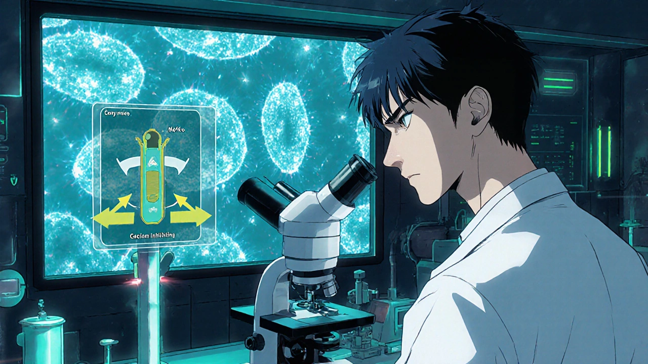 Researcher viewing osteoblast cells under microscope with digoxin mechanism diagram.