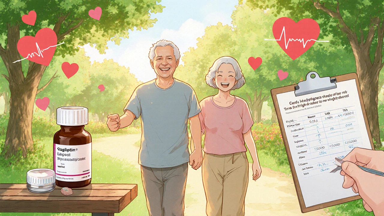 Senior couple walking happily in a park, with sitagliptin bottle nearby indicating safe diabetes control.