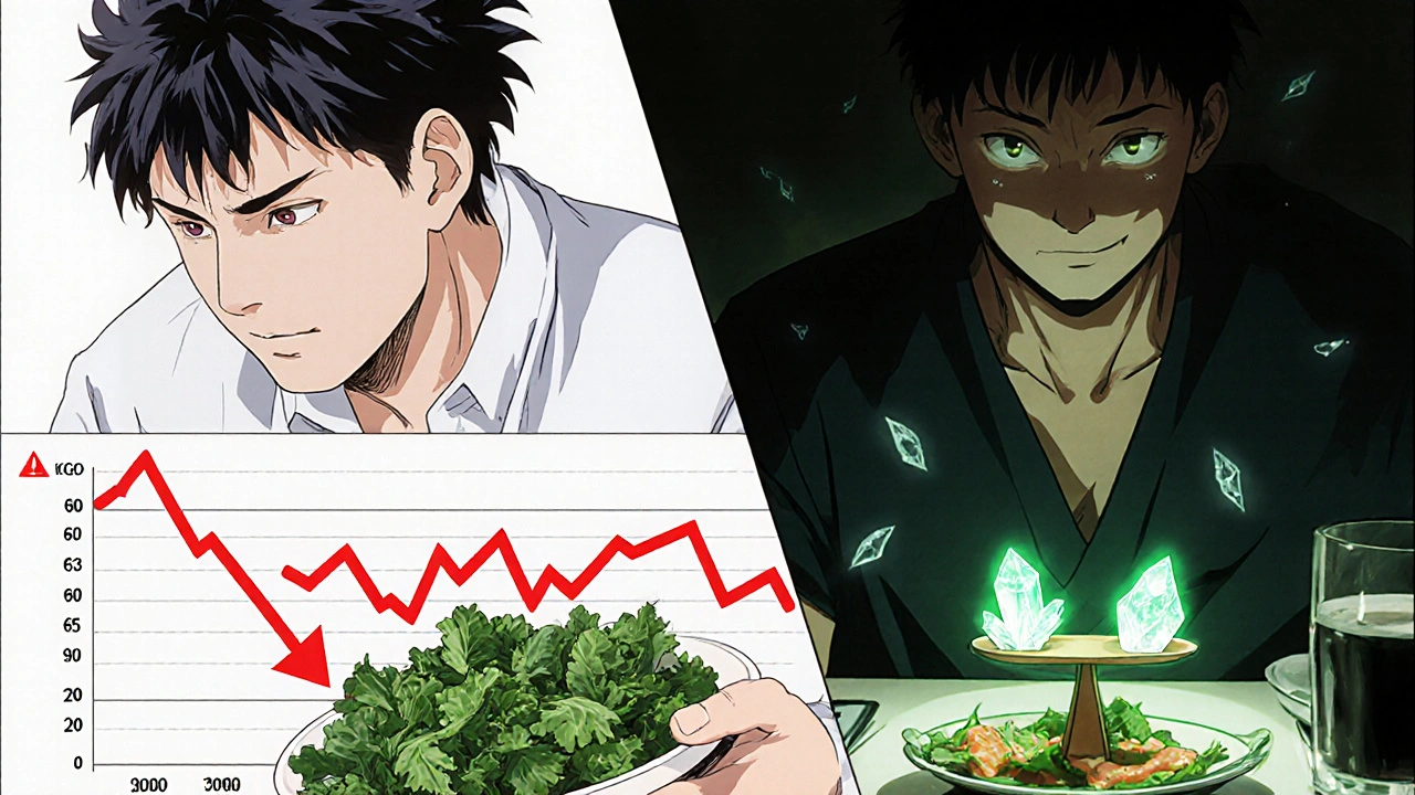 Split image showing unstable vs. stable INR levels from consistent vitamin K intake.