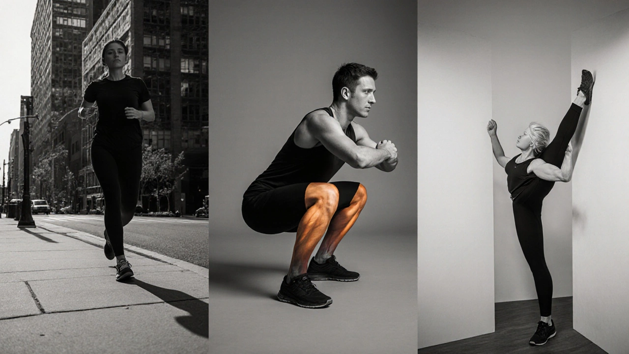 Three‑panel scene of walking, squats, and legs‑up‑the‑wall yoga pose.