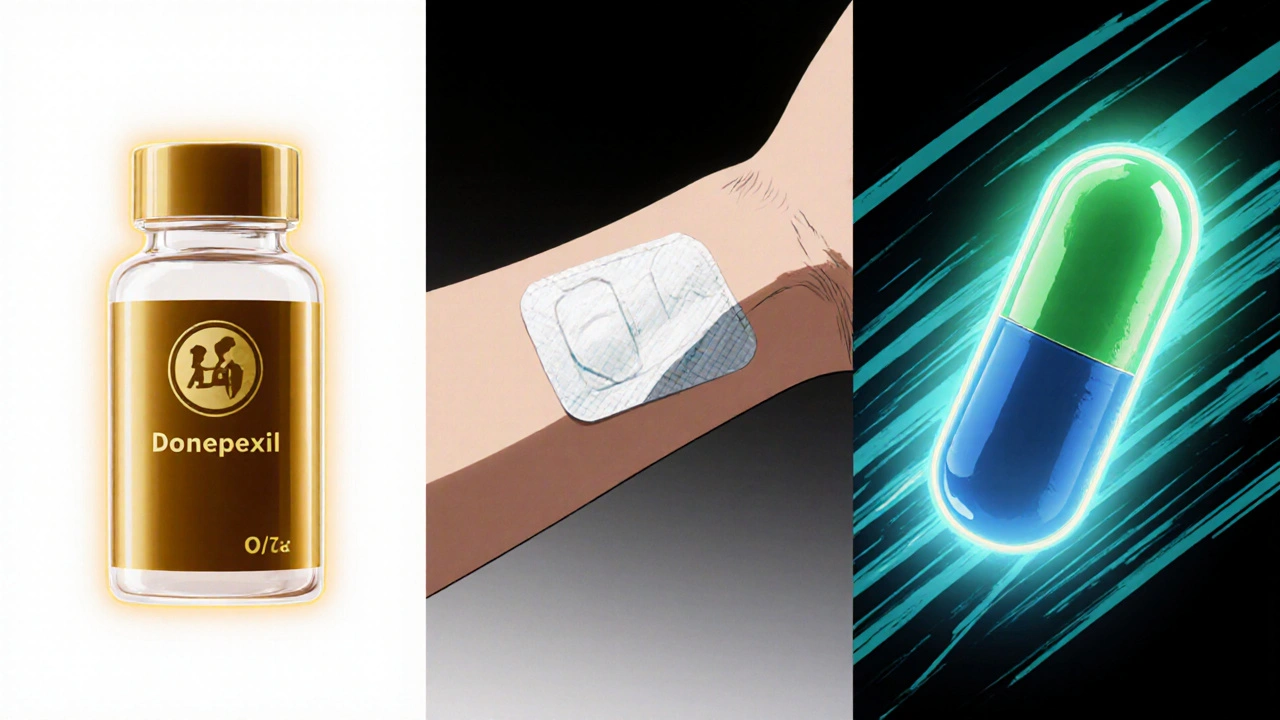 Three panels showing a pill bottle, skin patch, capsule, and tablet representing Alzheimer’s drugs.