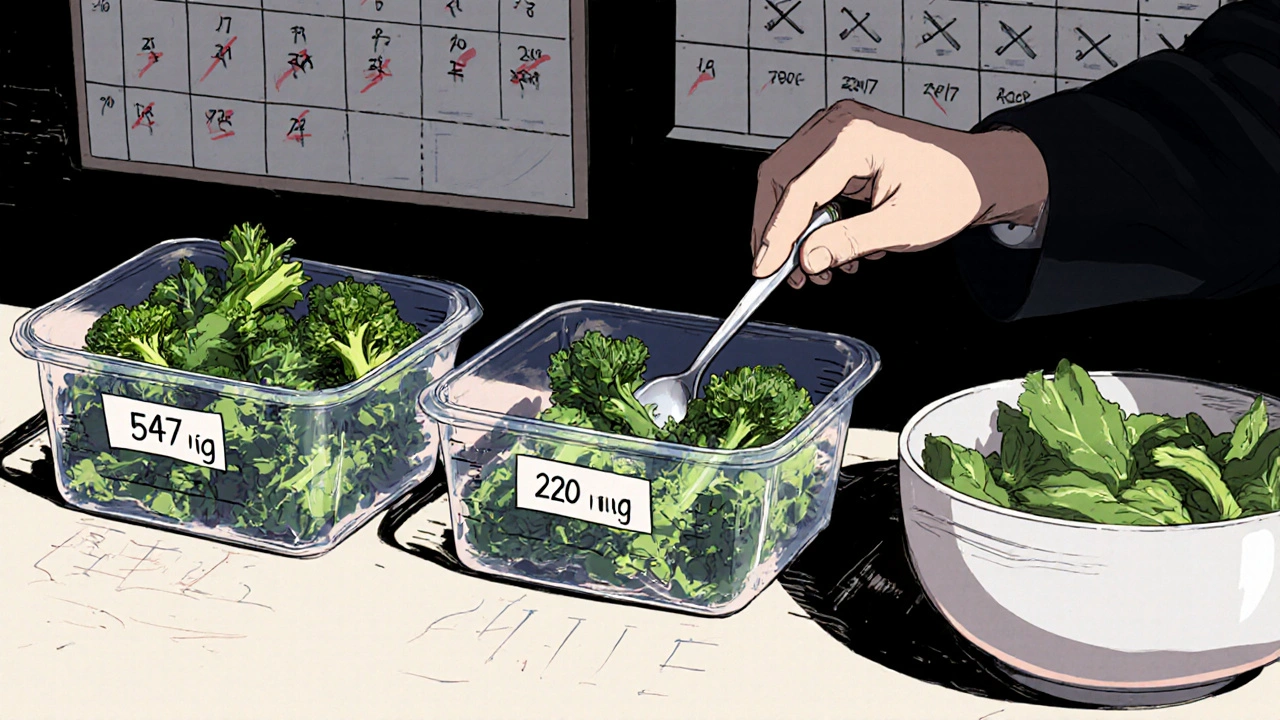 Three prepared meal containers with labeled vitamin K amounts on a kitchen counter.