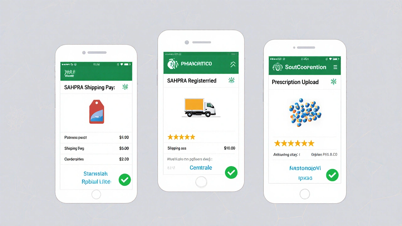 Three smartphone screens showing price, shipping, rating, and prescription icons for pharmacies.