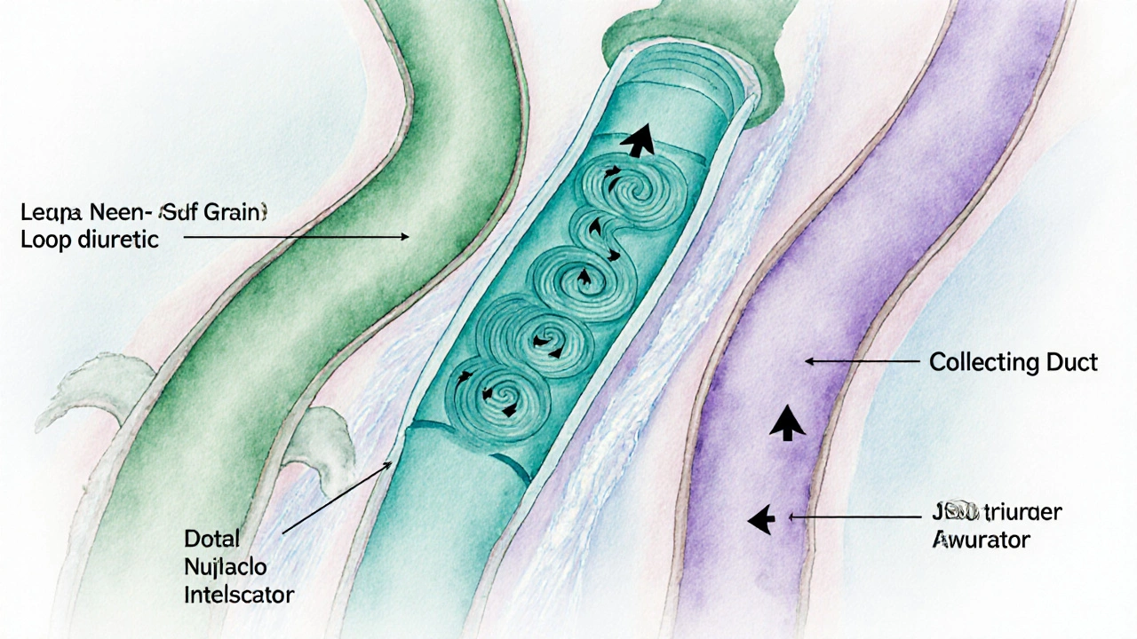 Watercolor cross‑section of a nephron indicating loop, thiazide, and potassium‑sparing sites.