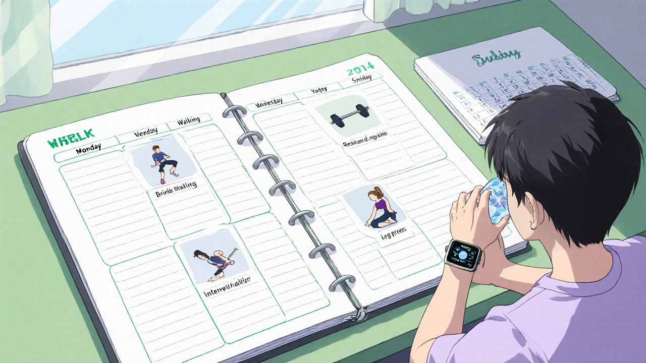 Weekly exercise planner with the patient checking a smartwatch, drinking water, and a medication pill.