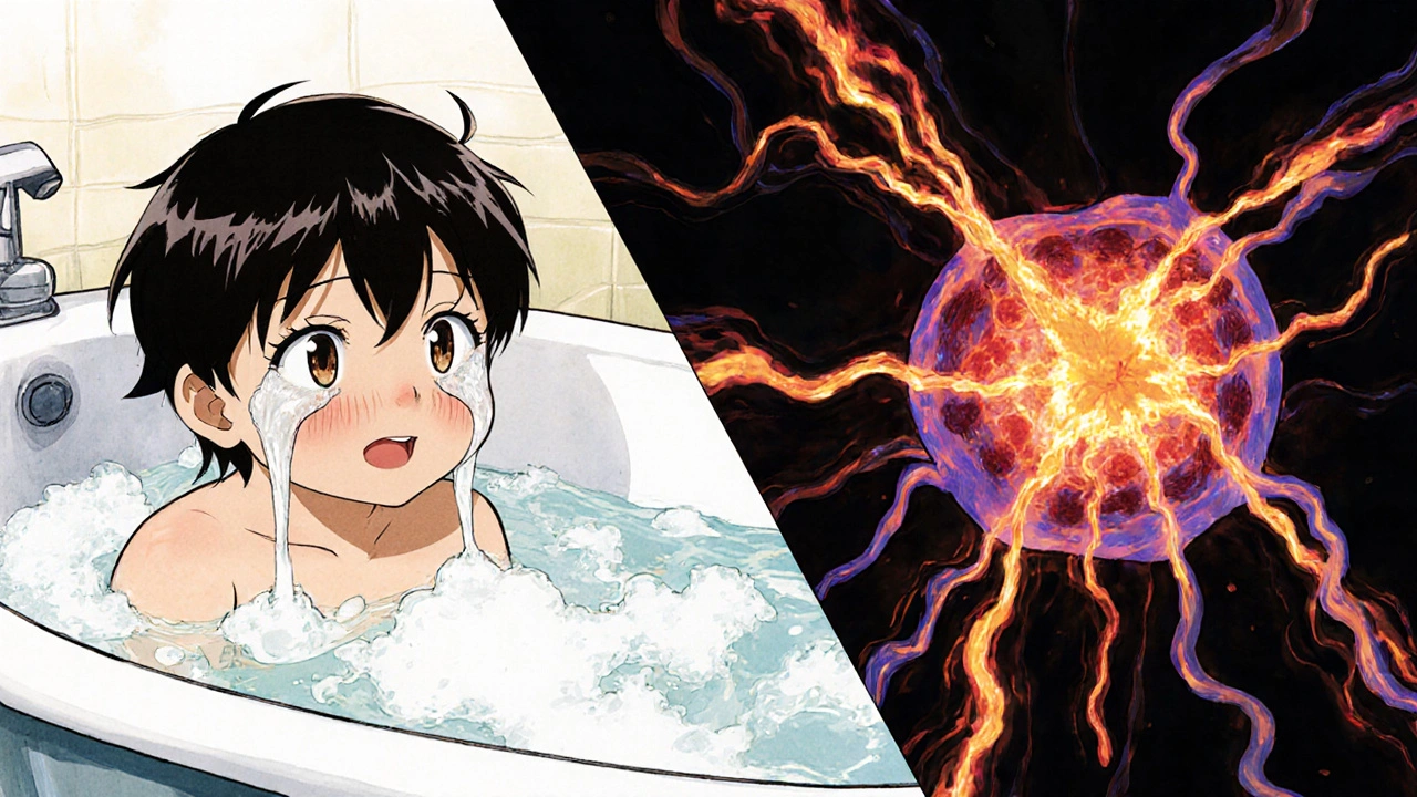 A child with swelling beside a microscopic view of inflamed kidney filters glowing with toxic proteins.