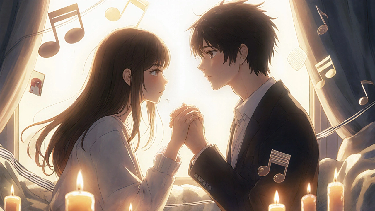 A couple reconnecting through touch, surrounded by sensory cues like candles and music, as a serotonin blockade fades around them.