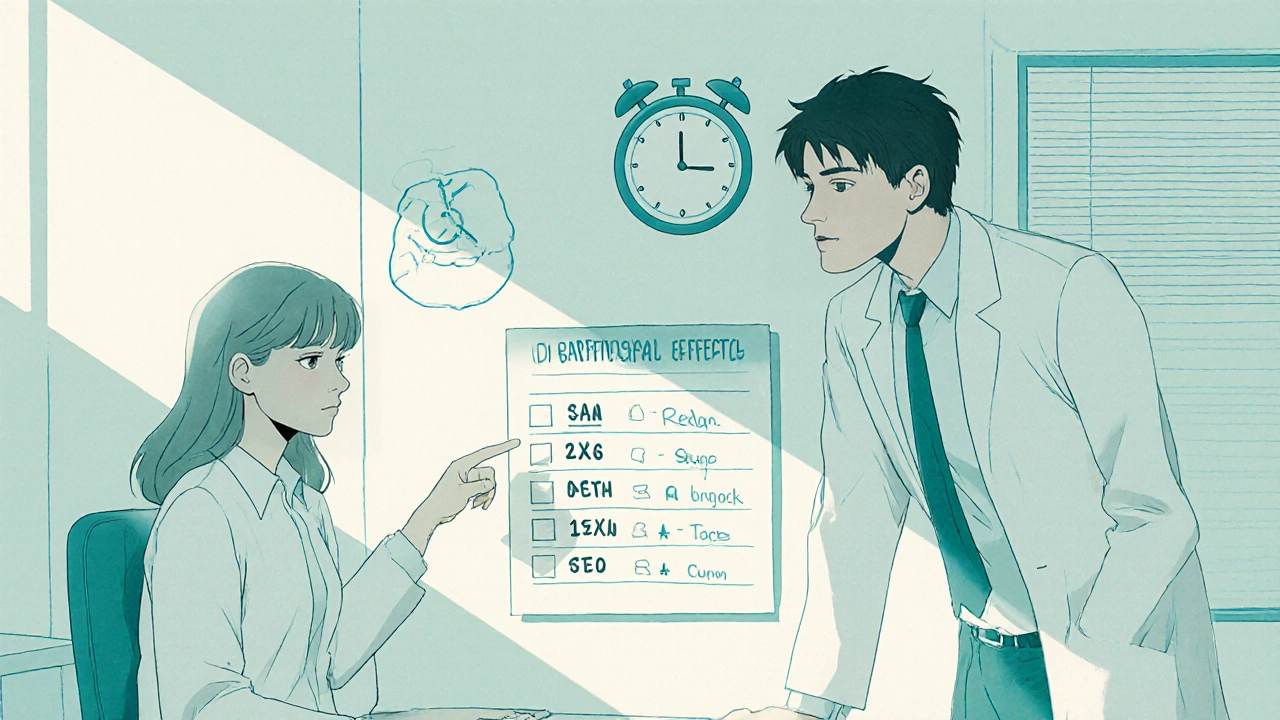 A doctor and patient discussing sexual side effects of SSRIs, with floating icons of medications and a mood tracker in the background.