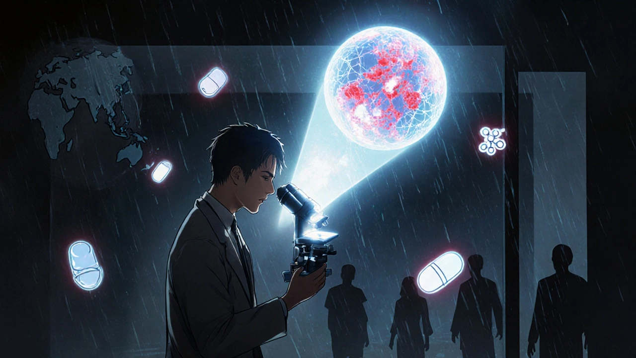 A doctor viewing a biopsy hologram of damaged kidney cells, with global treatment inequality symbols in background.