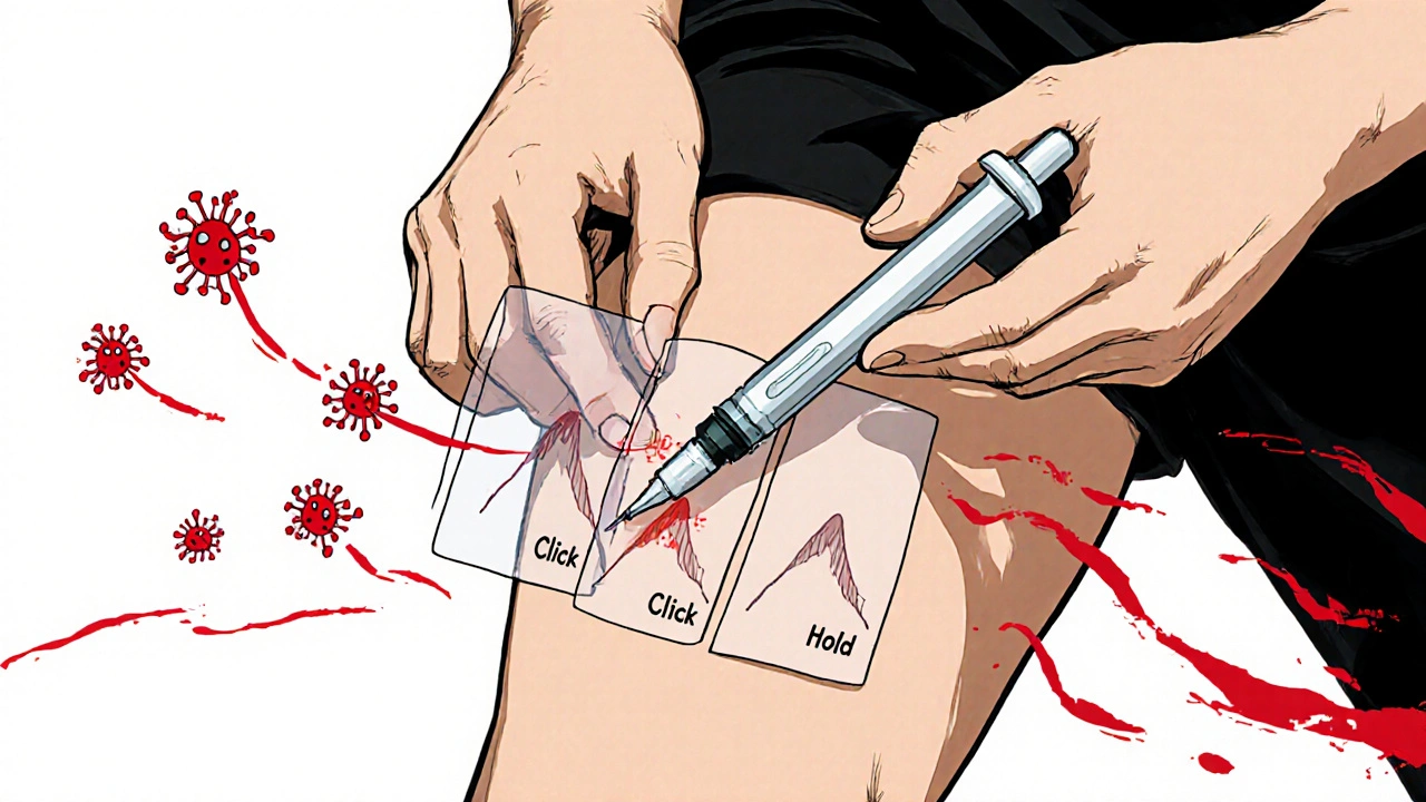 Close-up of trembling hand injecting with overlay diagrams showing correct technique and infection risks.
