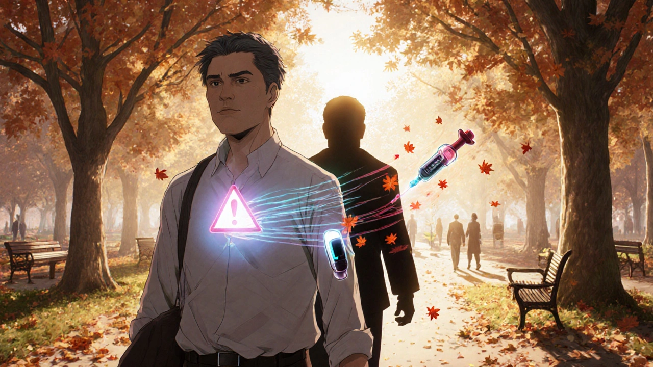 Diabetic person walking in park, CGM alert glowing above arm, glucagon syringe shadow behind.