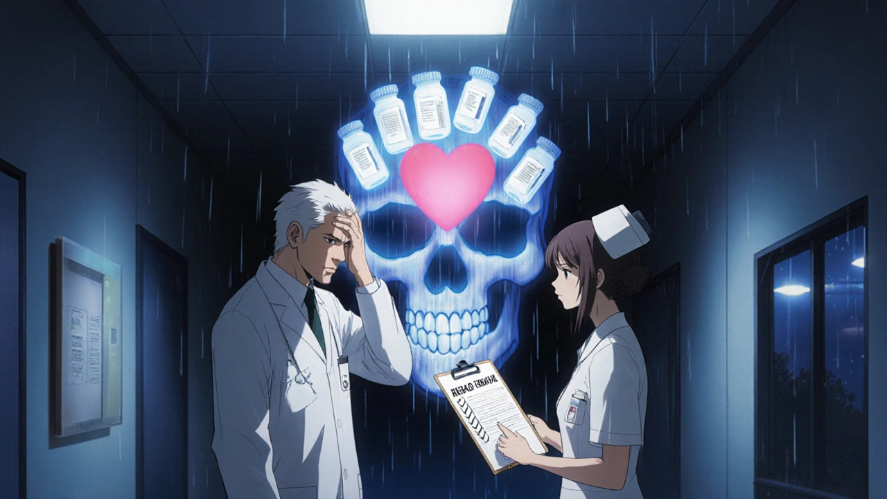 Doctor and nurse stand in a quiet hallway, a checklist glowing between them as a shadow of medical errors looms behind.