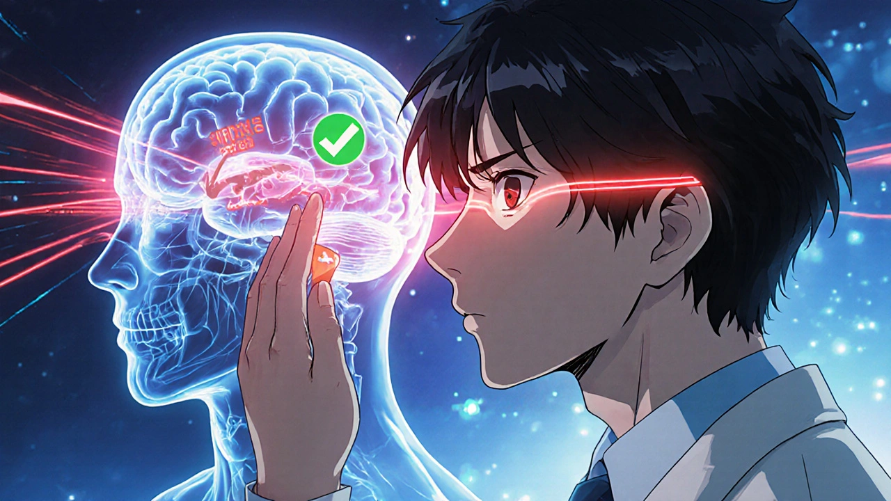 Doctor performing HINTS exam with glowing eye movement trails and brain scan revealing stroke risk.