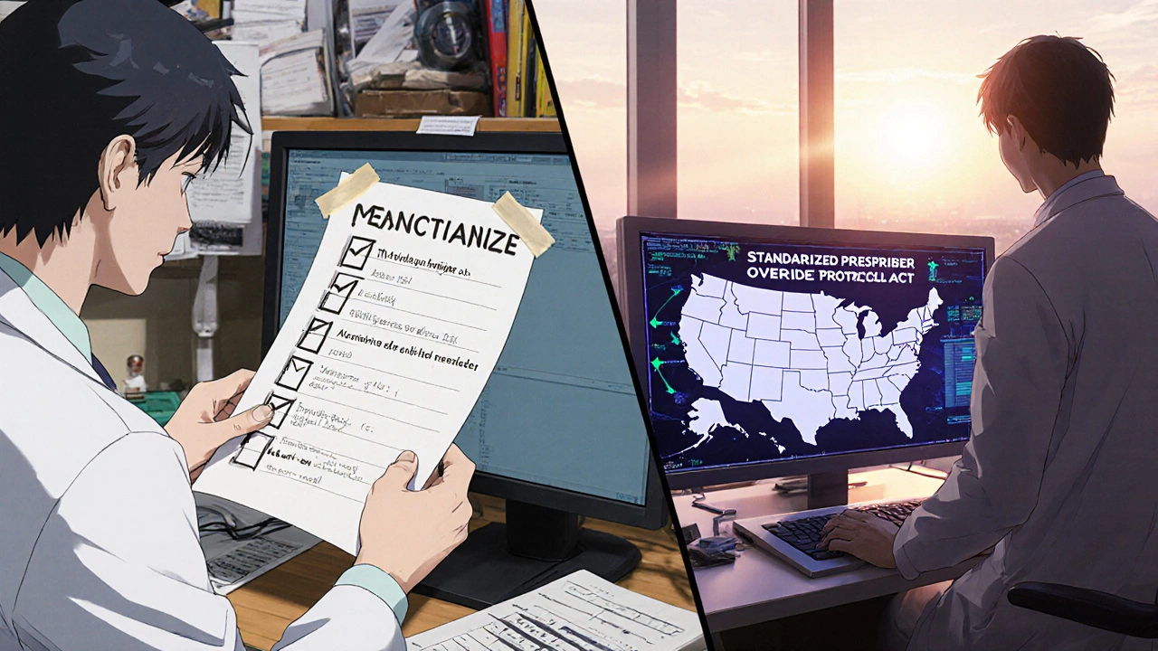 Doctor using checklist and futuristic EHR system with unified U.S. override map.